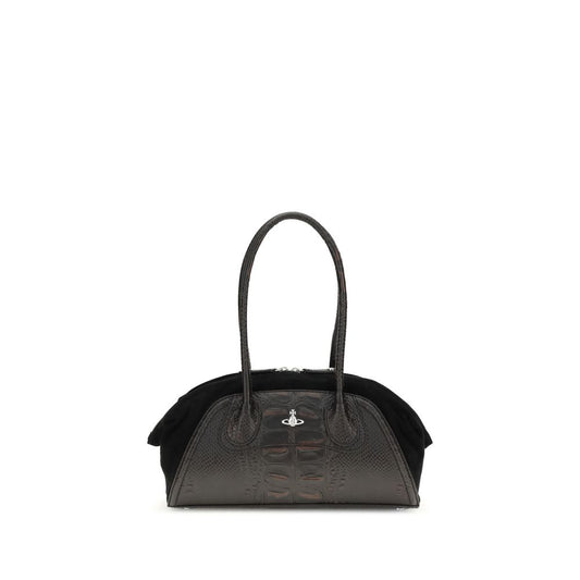 Vivienne Westwood Black Calf Leather Bos Taurus Shoulder Bag with crocodile-embossed leather and Orb metallic detail.