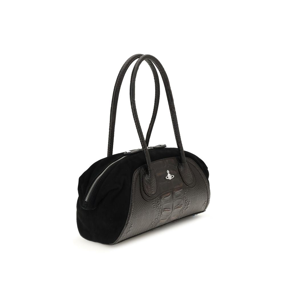 Vivienne Westwood Black Calf Leather Bos Taurus Shoulder Bag with crocodile-embossed design and Orb detail on front.