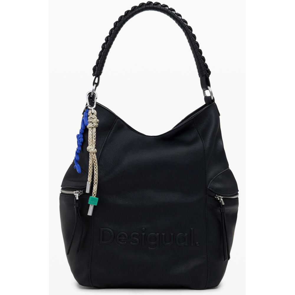 Desigual Black Polyethylene Women Backpack with unique one-shoulder handle and Africa logo, featuring a secure zippered main compartment.