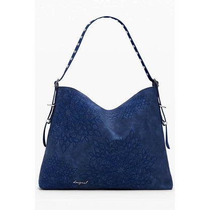 Desigual Blue Polyethylene Women Handbag with embroidery and adjustable shoulder handle.