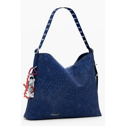 Desigual Blue Polyethylene Women Handbag with embroidery and adjustable handle, showcasing practicality and bold design.