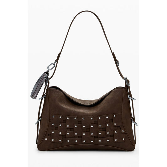Desigual Brown Polyethylene Women Handbag with removable shoulder strap and coin purse on white background.