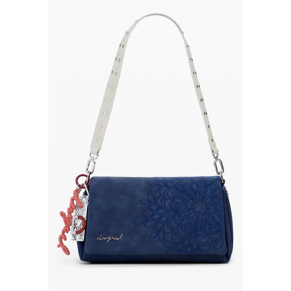 Desigual Blue Polyethylene Women Handbag with embroidery, featuring adjustable strap and keychain accessory