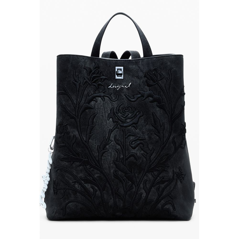 Desigual Black Polyethylene Women Backpack with intricate floral embroidery and multiple compartments for stylish functionality.
