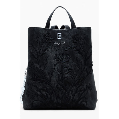 Desigual Black Polyethylene Women Backpack with intricate floral embroidery and multiple compartments for stylish functionality.