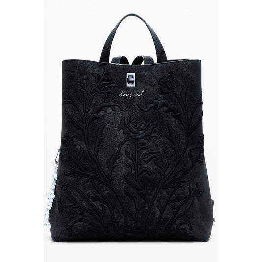 Desigual Black Polyethylene Women Backpack with intricate floral embroidery and multiple compartments for stylish functionality.