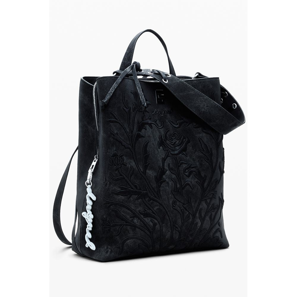 Desigual Black Polyethylene Women Backpack with floral embroidery and adjustable straps