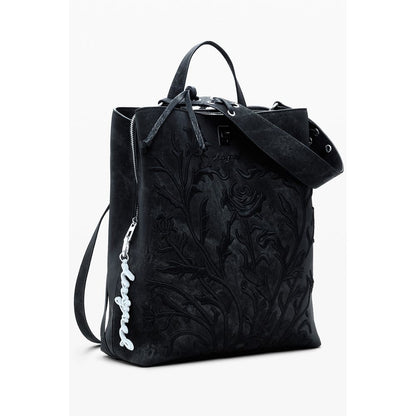Desigual Black Polyethylene Women Backpack with floral embroidery and adjustable straps
