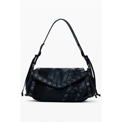 Desigual Black Polyethylene Women Handbag with adjustable strap and patch design.