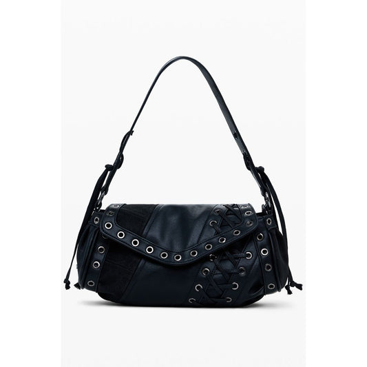 Desigual Black Polyethylene Women Handbag with adjustable strap and patch design.