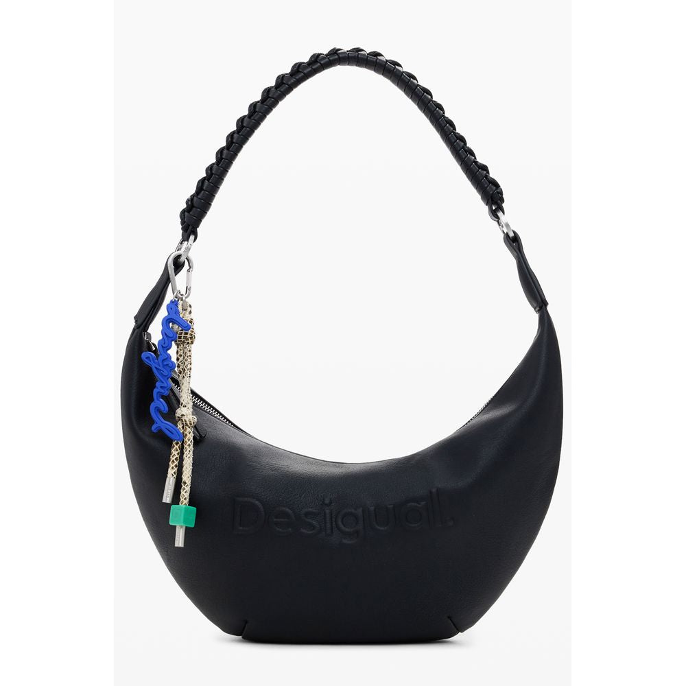 Desigual Black Polyethylene Women Handbag with relief print logo, removable handle, adjustable straps. Chic accessory, statement style.