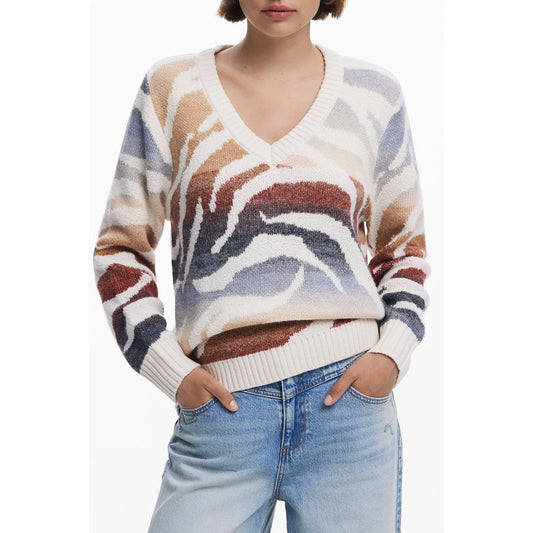 Desigual White Polyamide Women Sweater with colorful patterns, long-sleeved design, crafted from Marabou and Polyamide for style and comfort.