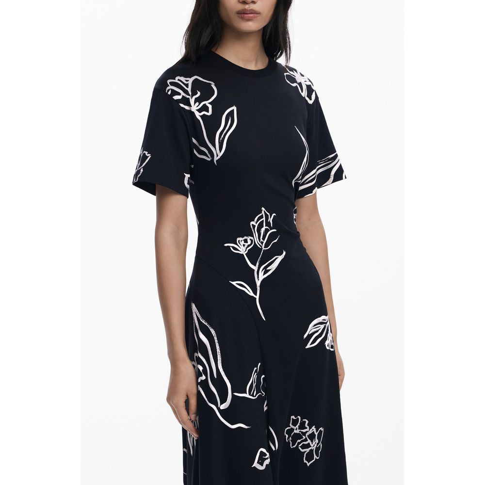 Desigual Black Cotton Women Dress with floral print, short sleeves, and crew neck, showcasing chic and comfortable fashion.