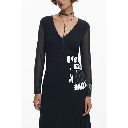 Desigual Black Polyester Women Dress with V-neck and long sleeves, featuring stylish contrast details in a chic design.
