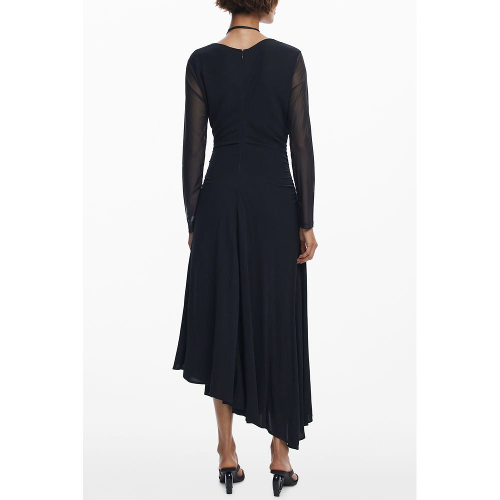 Back view of Desigual Black Polyester Women Dress with V-neck and long sleeves, showcasing elegant design and comfort.