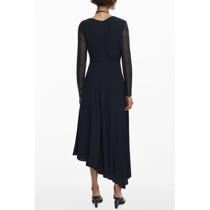 Back view of Desigual Black Polyester Women Dress with V-neck and long sleeves, showcasing elegant design and comfort.