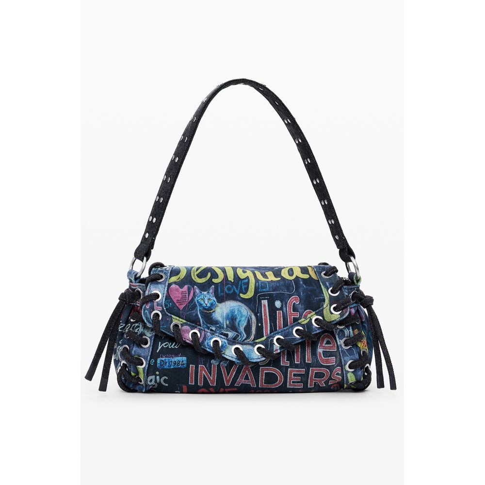 Desigual Blue Cotton Women Handbag with bold print and adjustable strap for versatile wear and secure zip closure