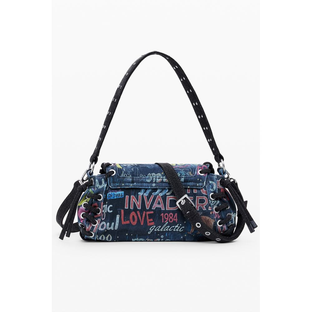 Desigual Blue Cotton Women Handbag with vibrant print and adjustable strap for stylish versatility.