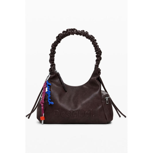 Desigual Brown Polyethylene Women Handbag with logo and practical compartments, featuring bold contrasting details and secure zippers.