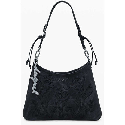 Desigual Black Polyethylene Women Handbag with floral embroidery and removable shoulder strap.