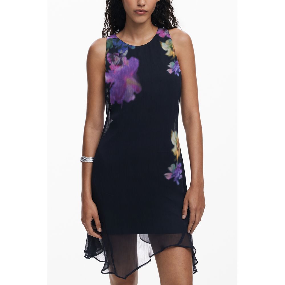 Desigual Black Polyester Women Dress with floral print, sleeveless crew neck, button detail, designer logo, and signature aesthetic.