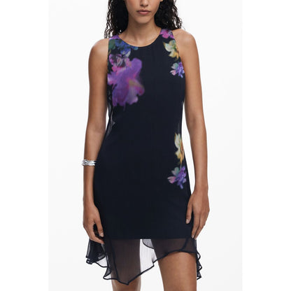 Desigual Black Polyester Women Dress with floral print, sleeveless crew neck, button detail, designer logo, and signature aesthetic.