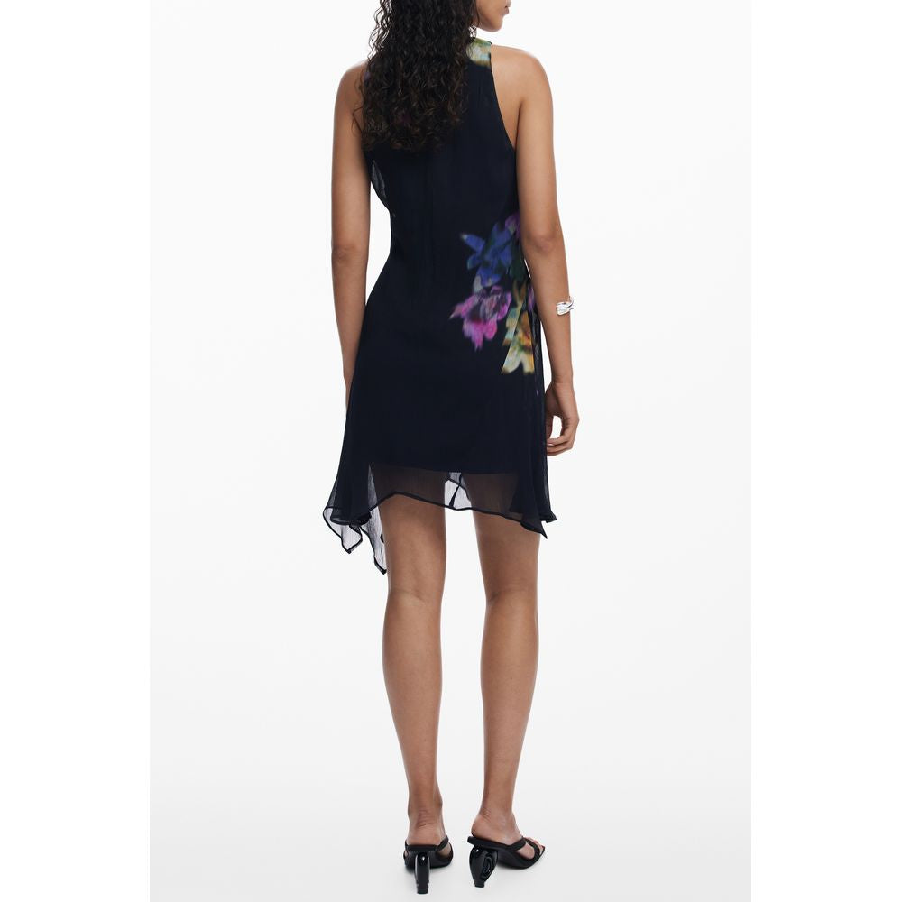 Back view of Desigual Black Polyester Women Dress with floral print and button detail, showcasing sleeveless design and crew neck elegance.