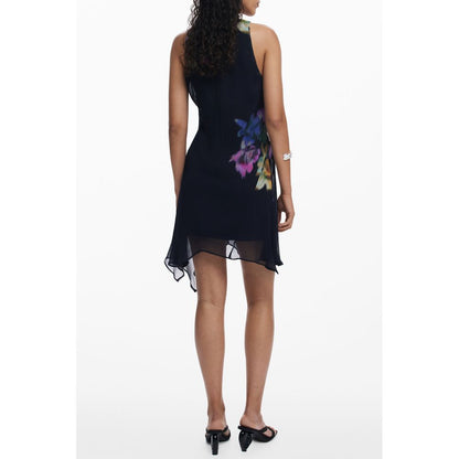 Back view of Desigual Black Polyester Women Dress with floral print and button detail, showcasing sleeveless design and crew neck elegance.