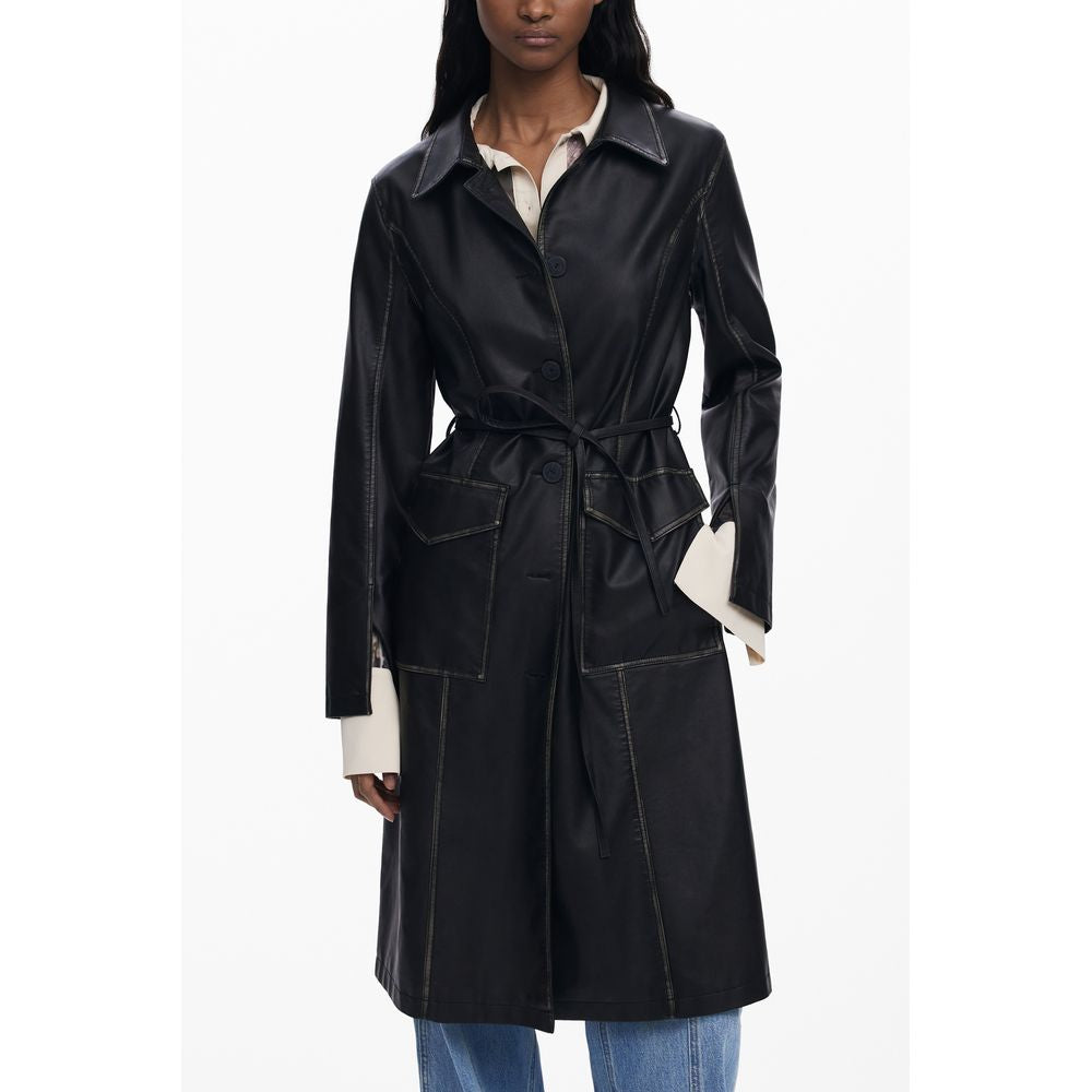 Desigual Black Polyethylene Women Coat with waist-cinching belt and contrasting accents for elegance.