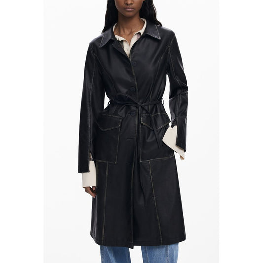Desigual Black Polyethylene Women Coat with waist-cinching belt and contrasting accents for elegance.