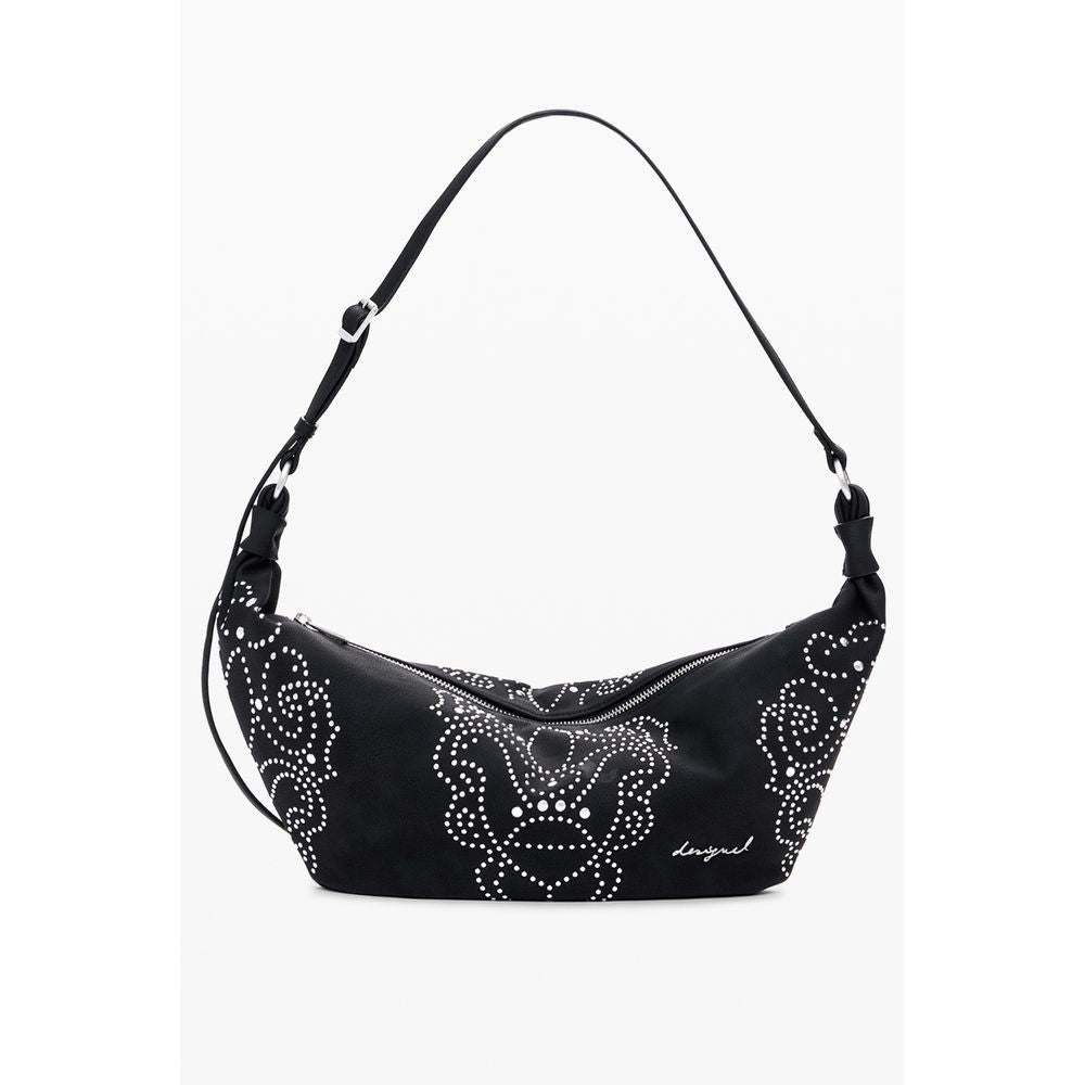 Desigual Black Polyethylene Women Handbag with stud embellishments, adjustable strap, and zip closure for fashion-forward elegance.