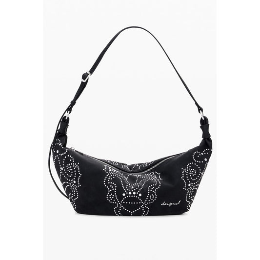 Desigual Black Polyethylene Women Handbag with stud embellishments, adjustable strap, and zip closure for fashion-forward elegance.
