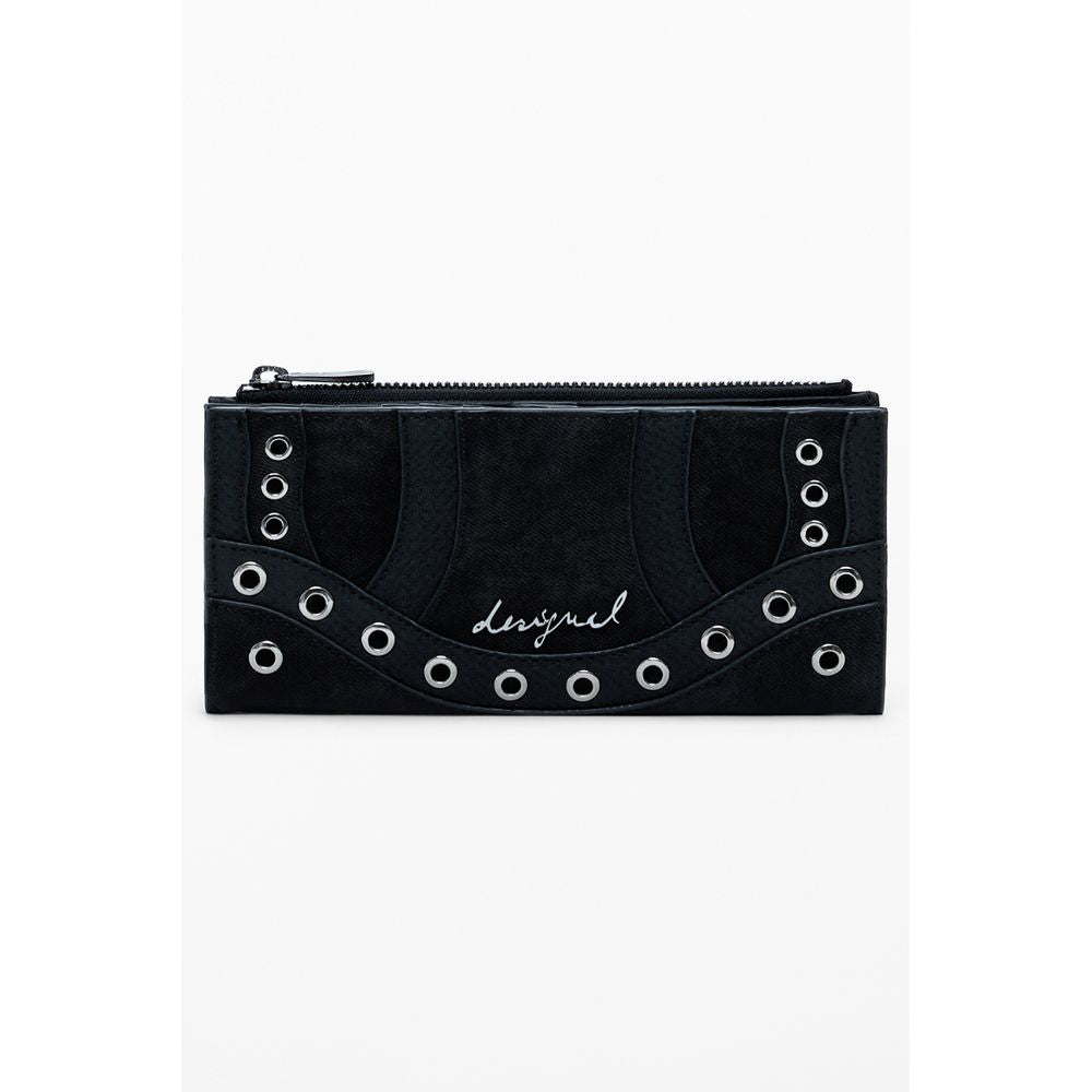 Desigual Black Polyethylene Women Wallet with stylish grommet design and secure zip closure, ideal for organizing essentials.
