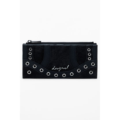Desigual Black Polyethylene Women Wallet with stylish grommet design and secure zip closure, ideal for organizing essentials.