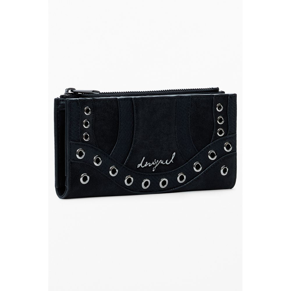 Desigual Black Polyethylene Women Wallet with grommet details and zip closure, perfect for secure and stylish storage.