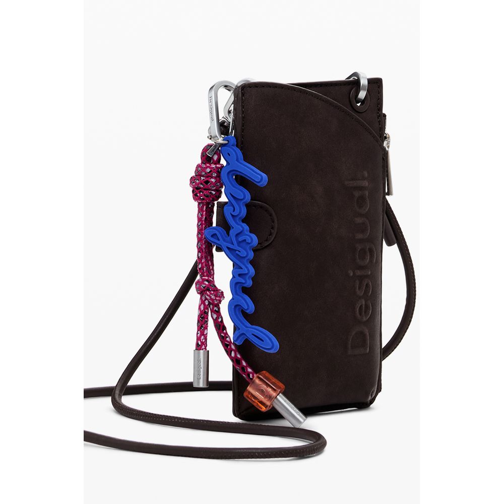 Desigual Brown Polyethylene Women Wallet with removable key holder and strap, featuring logo charm and versatile design for style and functionality.