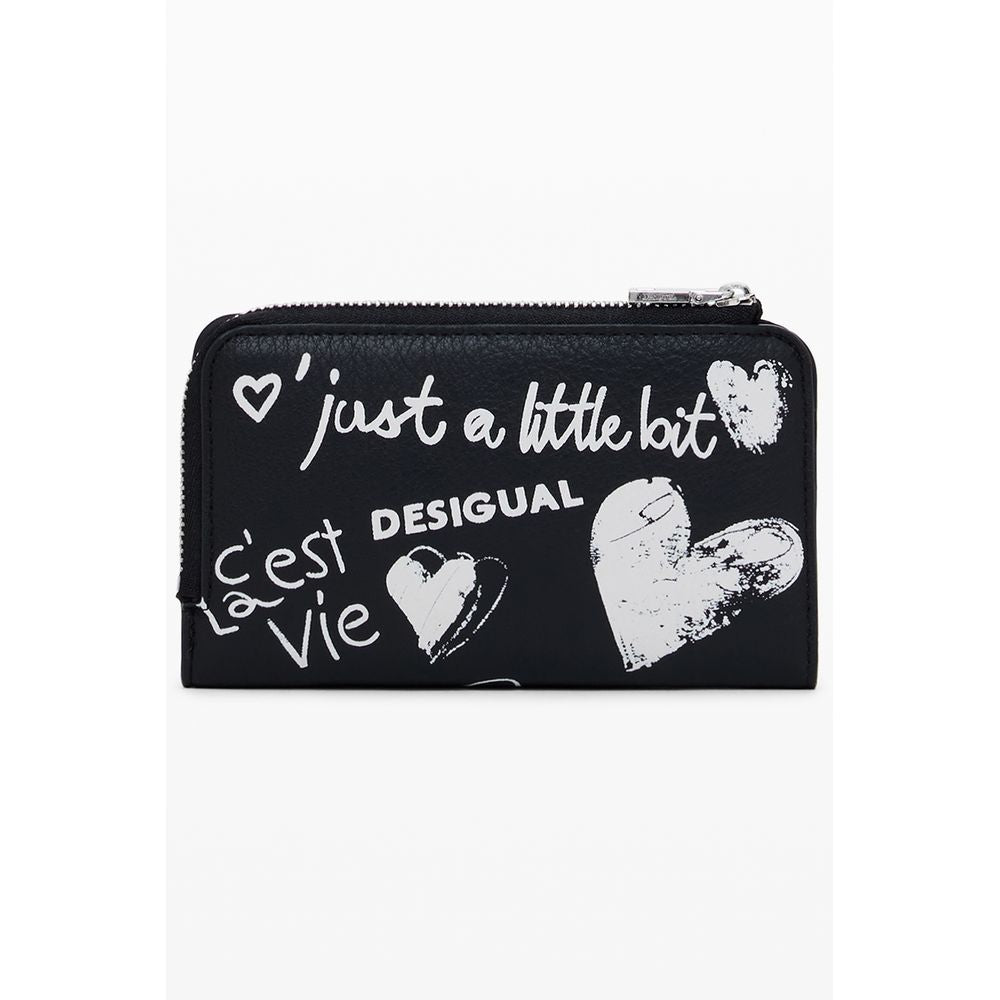 Desigual Black Polyethylene Women Wallet with bold text and heart design, featuring zip closure and ample space for cards and coins.
