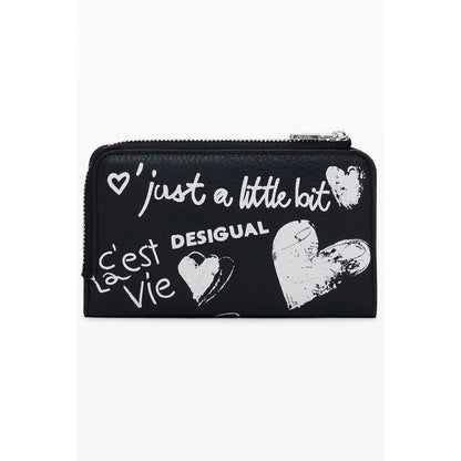 Desigual Black Polyethylene Women Wallet with bold text and heart design, featuring zip closure and ample space for cards and coins.