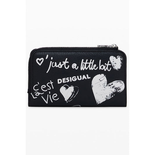Desigual Black Polyethylene Women Wallet with bold text and heart design, featuring zip closure and ample space for cards and coins.