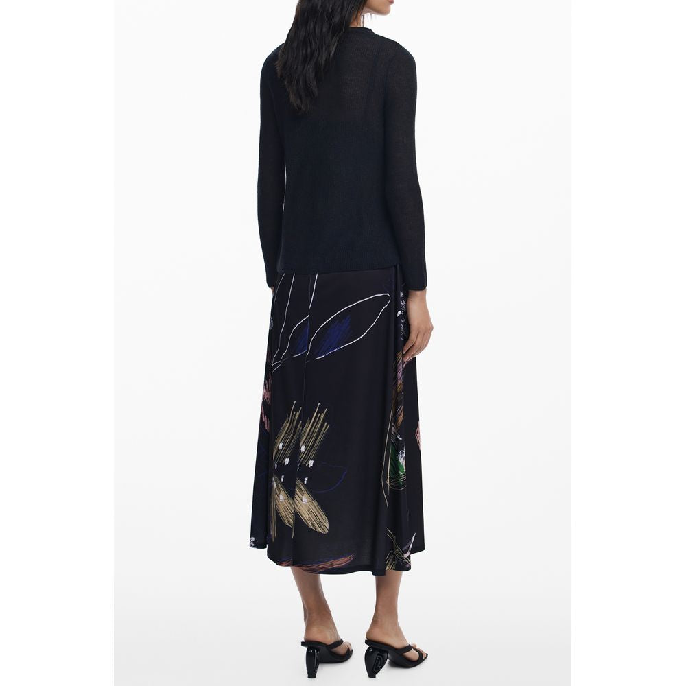 Back view of Desigual Black Polyester Women Dress with floral design and contrasting accents, showcasing elegant style and signature branding.