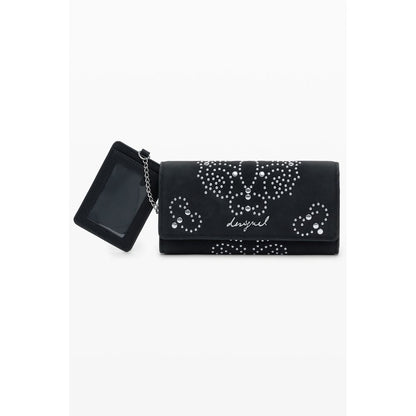 Desigual Black Polyethylene Women Wallet with studs and logo, featuring zip and snap closure, multiple compartments, and coin purse.