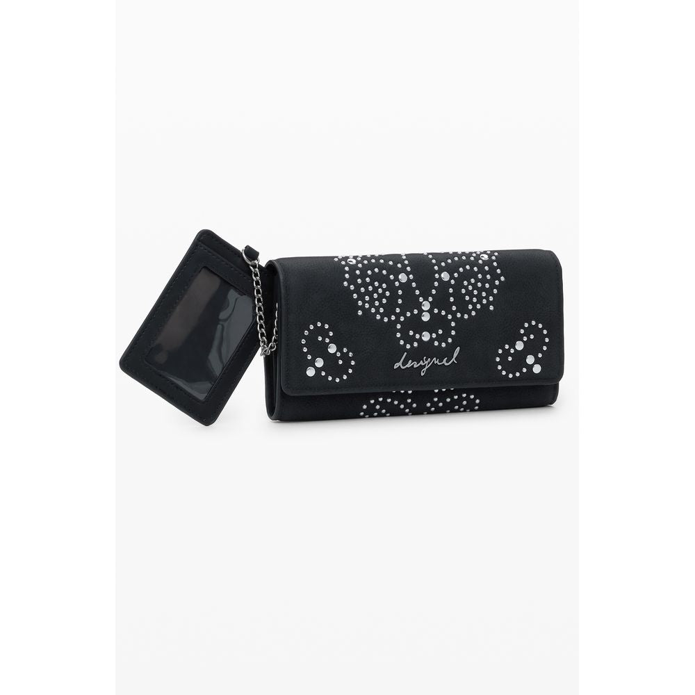 Desigual Black Polyethylene Women Wallet featuring studs and iconic logo, with secure zip and snap closure, 5 compartments including coin purse.