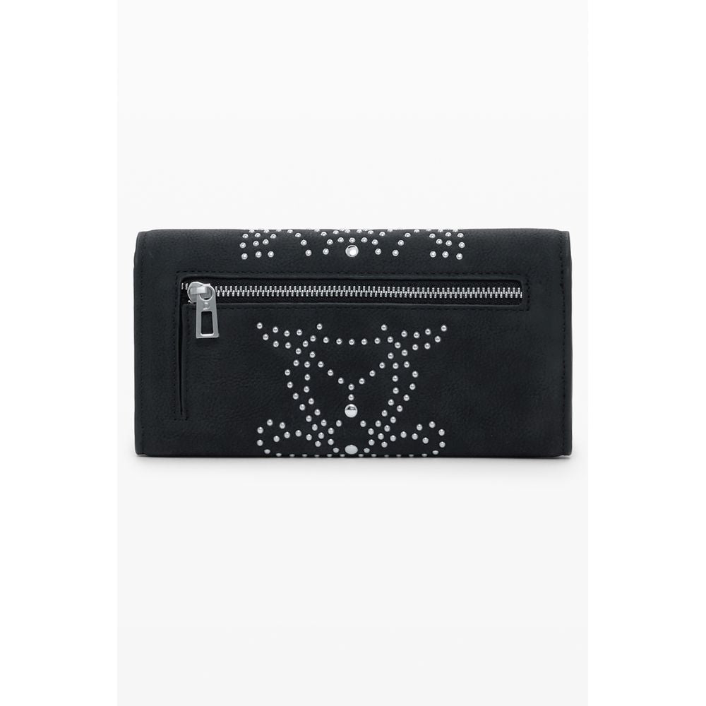 Desigual Black Polyethylene Women Wallet with studs and zip closure, front view of stylish and edgy wallet design.