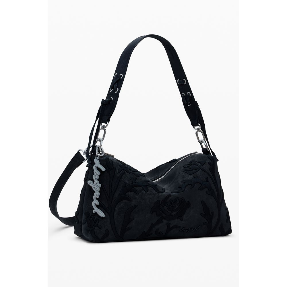 Desigual Black Polyethylene Women Handbag with floral embroidery and adjustable strap, featuring secure zip closure and internal pocket.