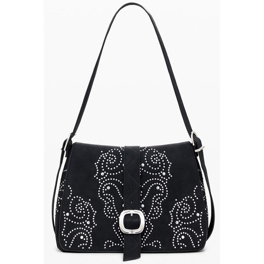 Desigual Black Polyethylene Women Handbag with studs and adjustable strap, featuring a chic external pocket and internal organizer.