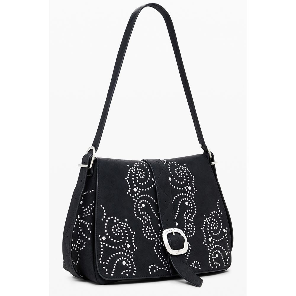 Desigual Black Polyethylene Women Handbag with studs and adjustable strap, showcasing edgy elegance and practical design features.