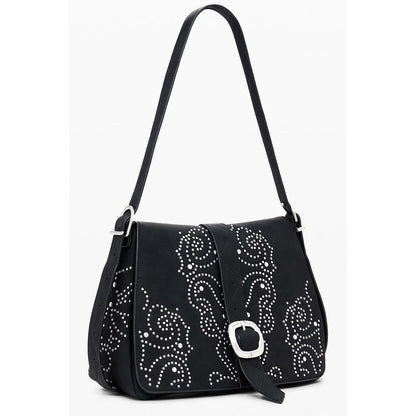 Desigual Black Polyethylene Women Handbag with studs and adjustable strap, showcasing edgy elegance and practical design features.