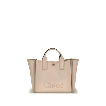 Chloé Beige Cotton Handbag with leather details, monogram, snap closure, and double handles, front view.