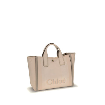 Chloé Beige Cotton Handbag with leather details and iconic monogram, featuring double flat handles and snap top closure for elegance.