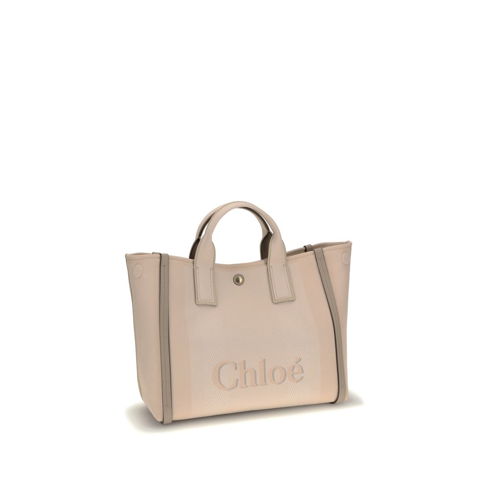 Chloé Beige Cotton Handbag with leather details, featuring a snap top closure and double flat handles, showcasing brand monogram.